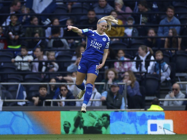 Leicester City Women's Jutta Rantala celebrates scoring their first goal on April 14, 2024