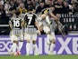 Juventus' Federico Gatti celebrates scoring their first goal with Dusan Vlahovic on April 7, 2024