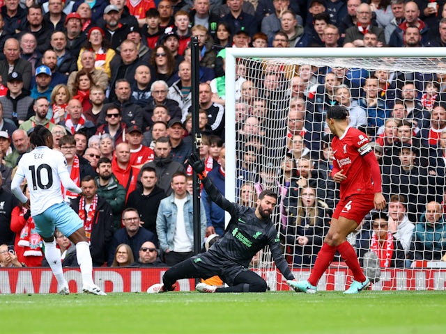 Crystal Palace's Eberechi Eze scores against Liverpool on April 14, 2024