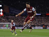 West Ham United's Lucas Paqueta celebrates scoring their first goal on March 17, 2024