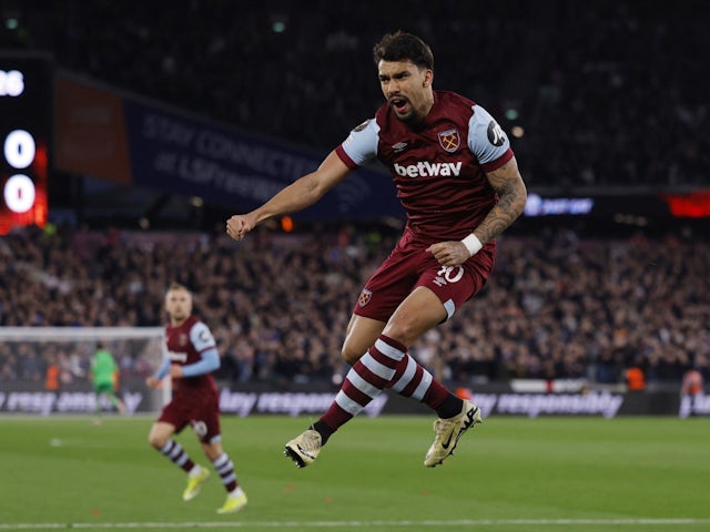 West Ham United's Lucas Paqueta celebrates scoring their first goal on March 17, 2024