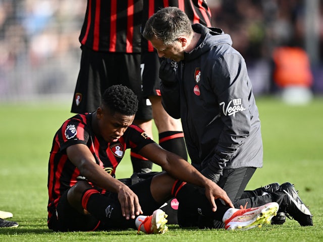 Bournemouth's Luis Sinisterra reacts after sustaining an injury before being substituted on April 13, 2024