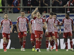 Olympiacos' Stevan Jovetic celebrates scoring their second goal on April 11, 2024
