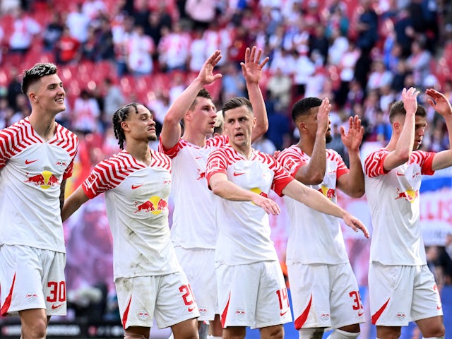 RB Leipzig players celebrate after the match on April 13, 2024