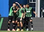 Sassuolo's Armand Lauriente celebrates scoring their second goal with teammates on April 14, 2024