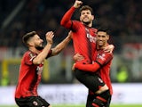 AC Milan's Theo Hernandez, Tijjani Reijnders and Olivier Giroud celebrates scoring their second goal on March 7, 2024