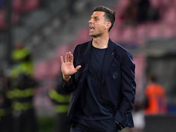 Bologna coach Thiago Motta reacts on April 13, 2024