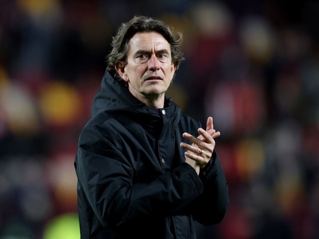 Brentford manager Thomas Frank applauds fans after the match on April 3, 2024