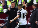 Fulham's Andreas Pereira celebrates scoring against West Ham United on April 14, 2024