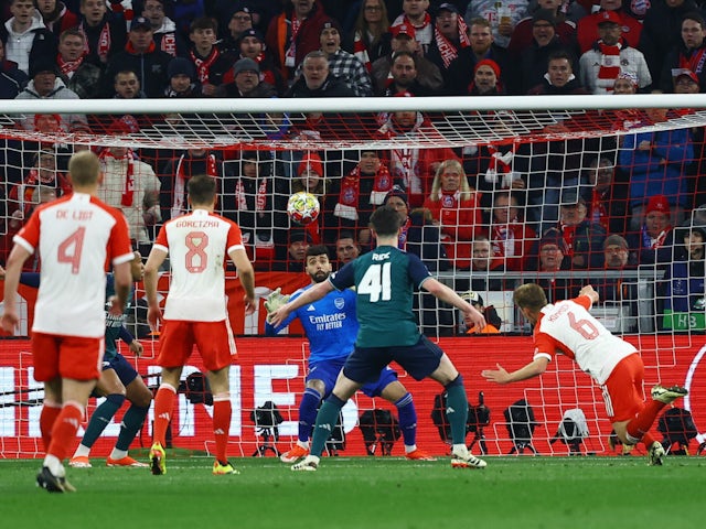 Bayern Munich's Joshua Kimmich scores against Arsenal on April 17, 2024