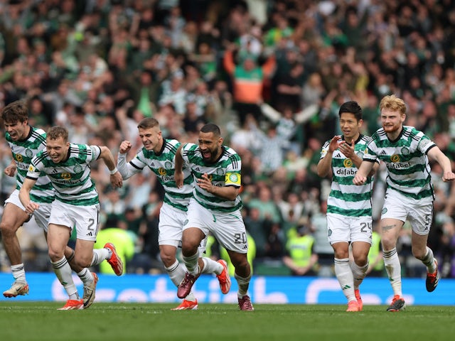Celtic's Cameron Carter-Vickers with teammates celebrate after winning the penalty shoot-out on April 20, 2024