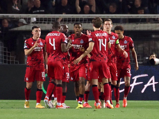 Club Brugge's Ferran Jutgla celebrates scoring their second goal with teammates on April 18, 2024