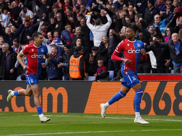 Crystal Palace's Michael Olise celebrates scoring their first goal on April 21, 2024