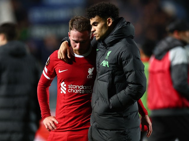 Liverpool's Alexis Mac Allister and Luis Diaz look dejected after the match  on April 18, 2024