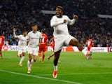 Marseille's Faris Moumbagna celebrates scoring their first goal on April 18, 2024