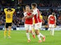 Arsenal's Leandro Trossard celebrates scoring their first goal with Jakub Kiwior on April 20, 2024
