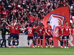 Lille celebrate scoring against Aston Villa on April 18, 2024.