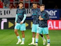 FC Barcelona's Joao Felix, Raphinha and Marc Casado during the warm up before the match on September 3, 2023