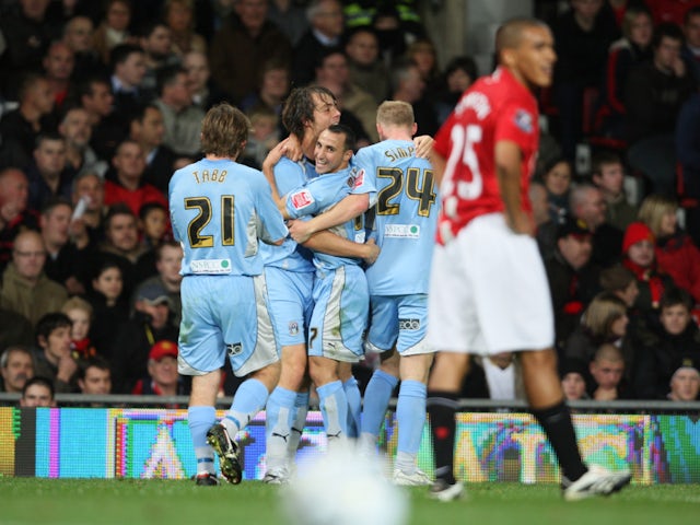 Coventry City's Michael Mifsud celebrates scoring against Manchester United on September 26, 2007