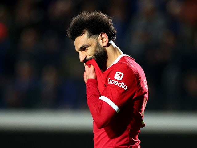 Liverpool striker Mohamed Salah reacts April 18, 2024