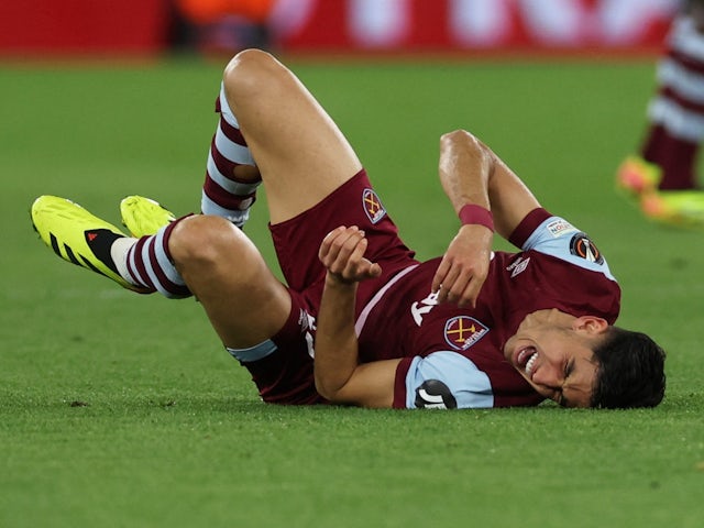 West Ham United's Nayef Aguerd reacts after sustaining an injury on April 18, 2024