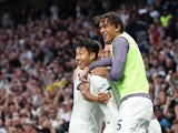 Tottenham Hotspur's Son Heung-min celebrates scoring their first goal with Ashley Phillips on September 30, 2023