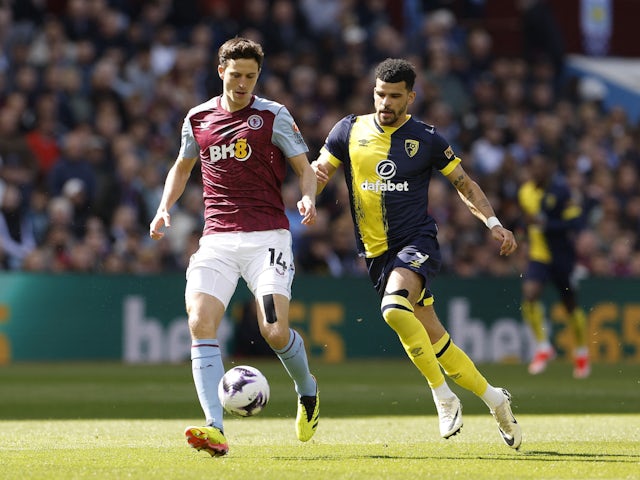 Aston Villa's Pau Torres in action with AFC Bournemouth's Dominic Solanke on April 21, 2024