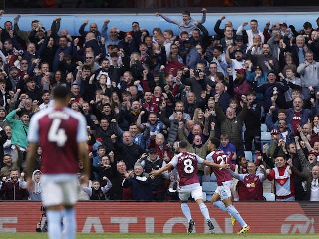 Aston Villa's Morgan Rogers celebrates scoring against Bournemouth on April 21, 2024