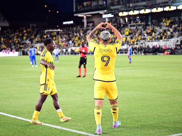 Cucho Hernandez celebrates the first goal with the Columbus Crew at the CONCACAF Champions Cup