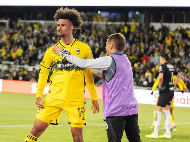 Jacen Russell-Rowe celebrates scoring the winning goal for the Columbus Crew in the CONCACAF Champions Cup