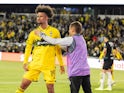 Jacen Russell-Rowe celebrates scoring the winning goal for the Columbus Crew in the CONCACAF Champions Cup