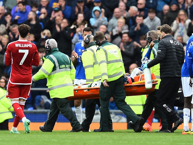 Everton striker Beto is stretchered off after sustaining an injury on April 21, 2024