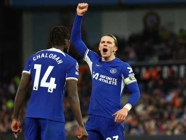 Chelsea's Conor Gallagher celebrates scoring their second goal on April 27, 2024
