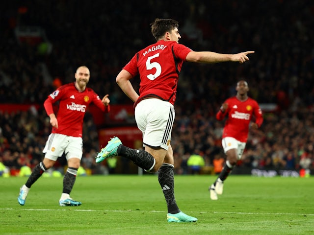 Manchester United's Harry Maguire celebrates scoring their first goal on April 24, 2024