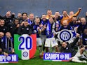 Inter Milan players celebrate winning their 20th Serie A title after the match on April 22, 2024