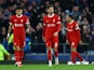 Liverpool's Luis Diaz and Dominik Szoboszlai look dejected after Everton's Jarrad Branthwaite scores their first goal on April 24, 2024