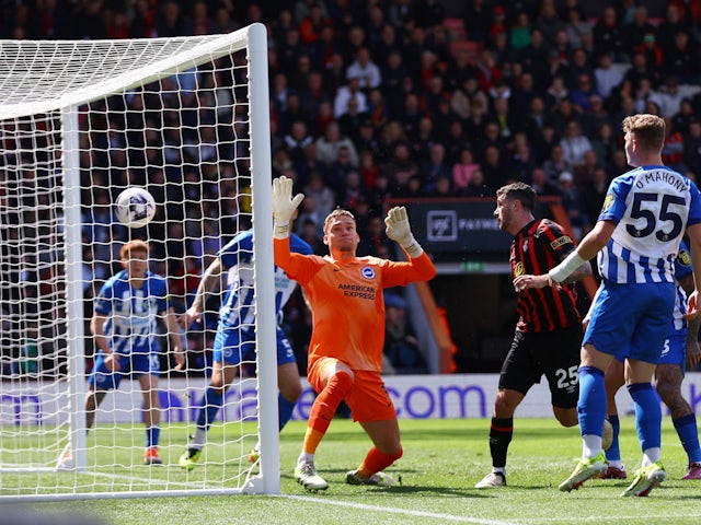 Bournemouth defender Marcos Senesi scoring against Brighton & Hove Albion on April 28, 2024.