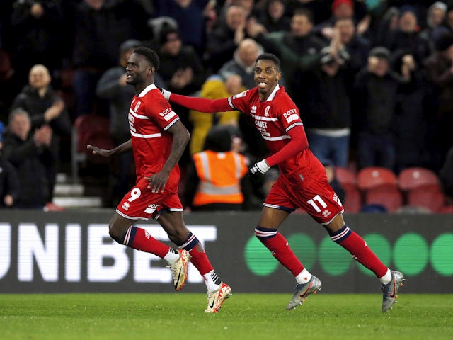 Middlesbrough's Emmanuel Latte Lath celebrates scoring their second goal with Isaiah Jones on April 22, 2024