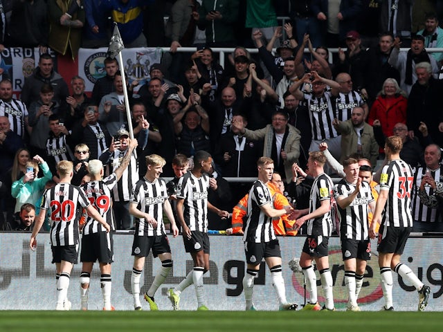 Newcastle United players celebrates their second goal on April 27, 2024