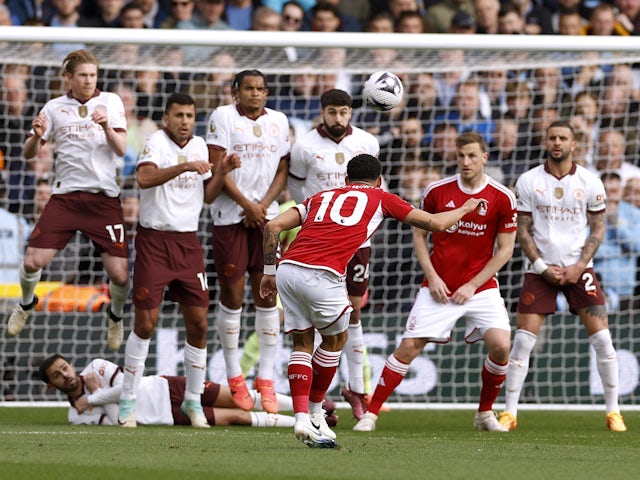 Nottingham Forest's Morgan Gibbs-White shoots at goal against Manchester City on April 28, 2024