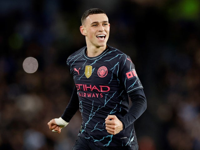 Manchester City's Phil Foden celebrates scoring their second goal on April 25, 2024