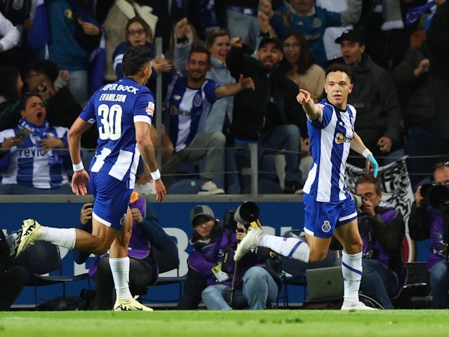 Porto's Pepe celebrates scoring their second goal with Evanilson on April 28, 2024