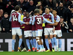 Aston Villa's Morgan Rogers celebrates scoring their second goal on April 27, 2024
