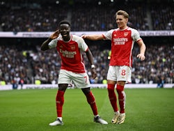 Arsenal's Bukayo Saka celebrates scoring their second goal on April 28, 2024