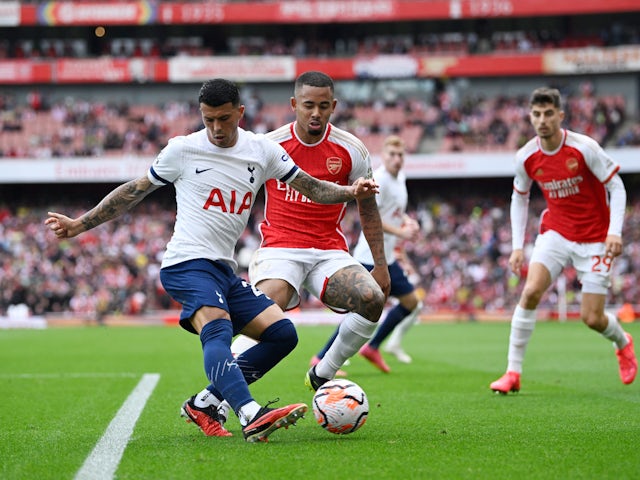 Arsenal's Gabriel Jesus in action with Tottenham Hotspur's Pedro Porro in September 2023