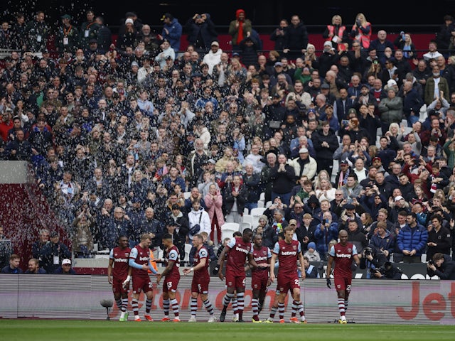 West Ham celebrate scoring against Liverpool on April 26, 2024