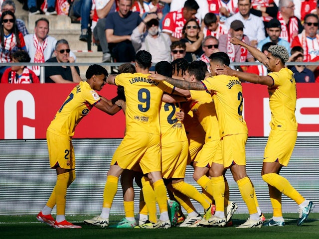 Các cầu thủ Barcelona ăn mừng sau khi Andreas Christensen ghi bàn thắng đầu tiên vào ngày 4 tháng 5 năm 2024