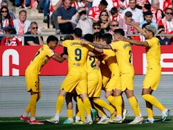 Barcelona players celebrate after Andreas Christensen scores their first goal on May 4, 2024
