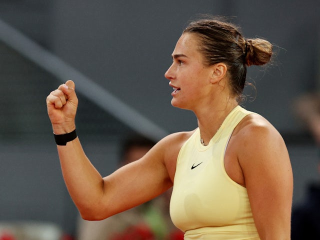 Aryna Sabalenka reacts at the Madrid Open on April 28, 2024