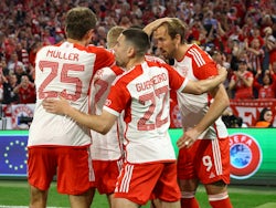 Bayern Munich's Harry Kane celebrates scoring their second goal with teammates on April 30, 2024